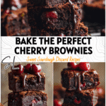 Stack of fudgy Chocolate Cherry Brownies topped with cherries and a drizzle of chocolate glaze