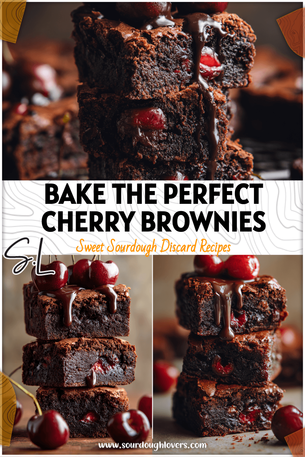 Stack of fudgy Chocolate Cherry Brownies topped with cherries and a drizzle of chocolate glaze