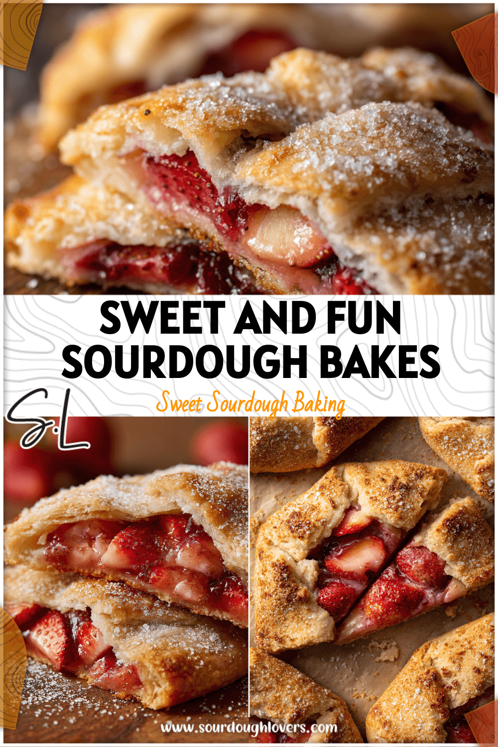 Golden strawberry sourdough galette sliced open showing pink jam filling and sugared dough edges.