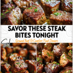 Juicy Garlic Butter Steak Bites in a skillet with herbs and melted butter sauce.