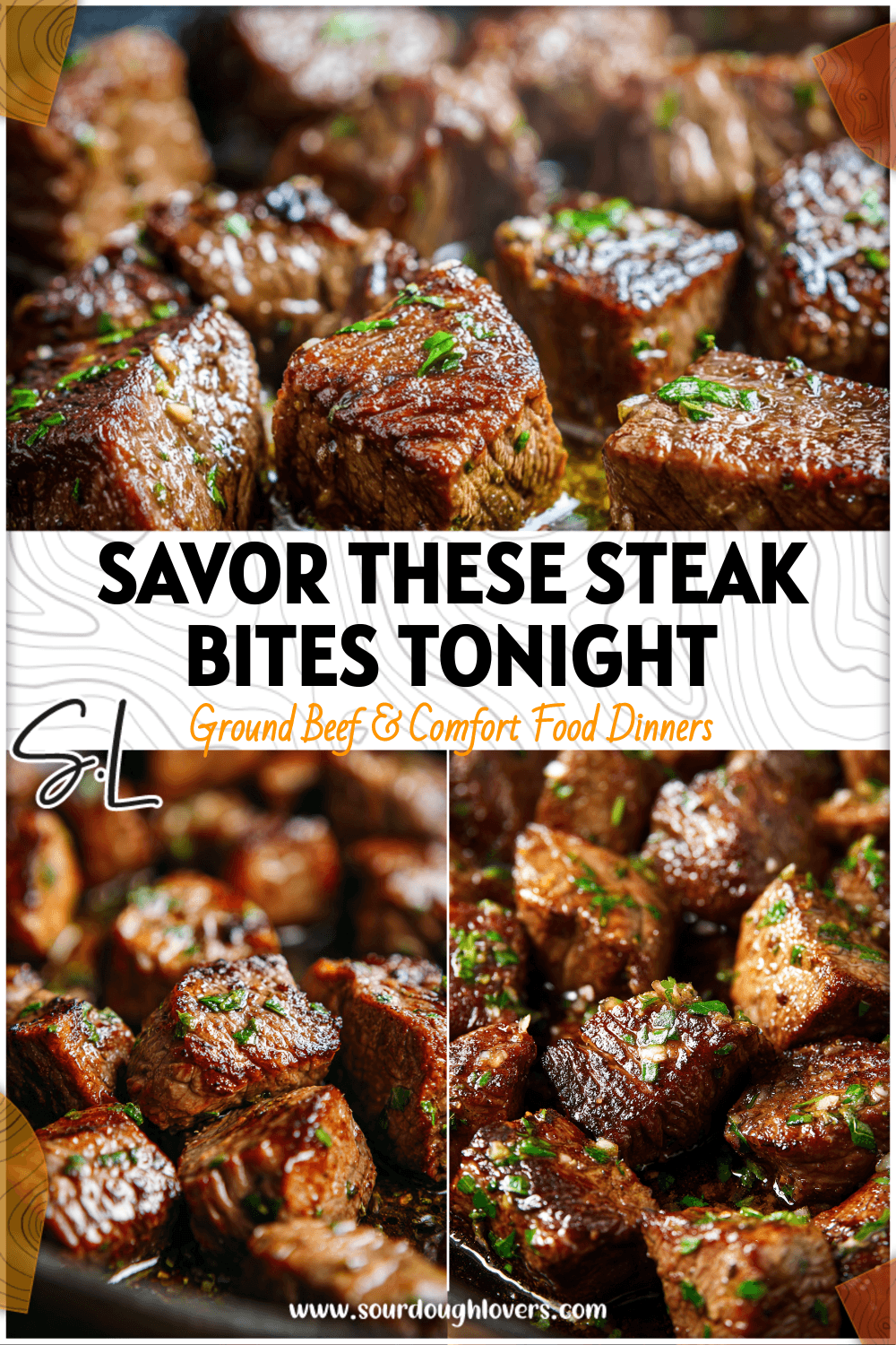 Juicy Garlic Butter Steak Bites in a skillet with herbs and melted butter sauce.
