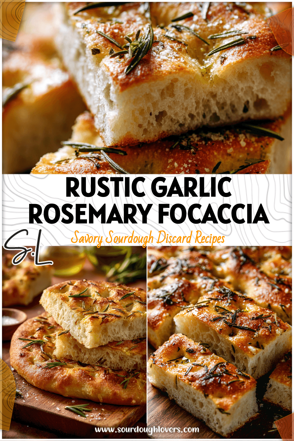 Homemade sourdough garlic rosemary foccacia bread topped with sea salt and herbs.