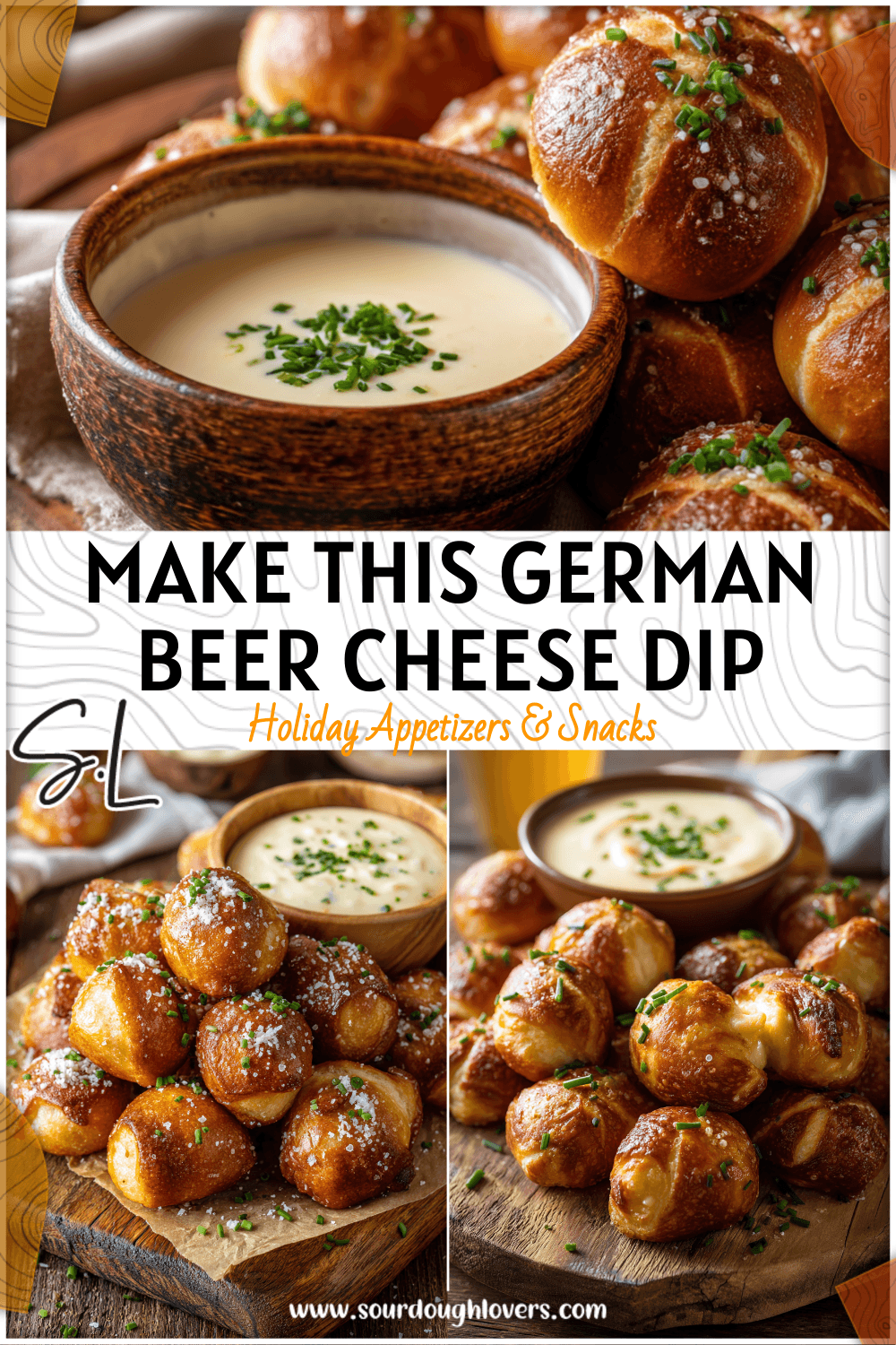 Soft pretzel bites and white beer cheese dip garnished with chives on a rustic wooden board.