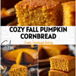 Golden slice of Vegan Pumpkin Cornbread with pumpkin puree served on rustic plate.