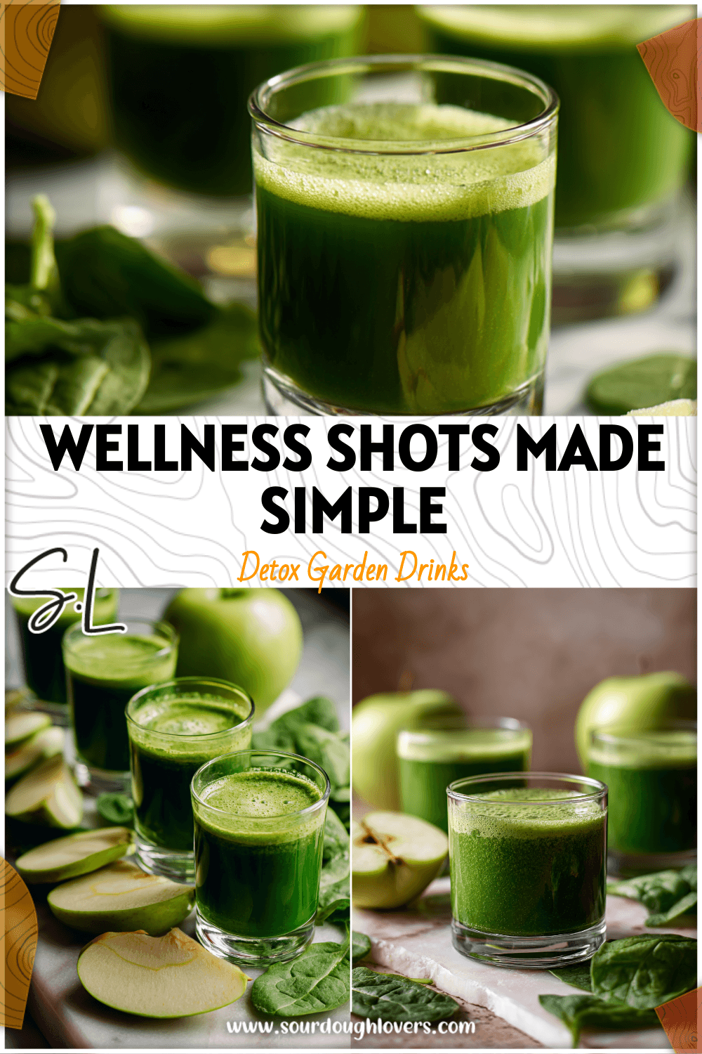 Bright green wellness shots lined up with sliced apples and spinach leaves on a marble surface.