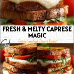 Grilled sourdough Caprese Sandwich with melted mozzarella, basil, and tomato slices stacked on a wooden board.