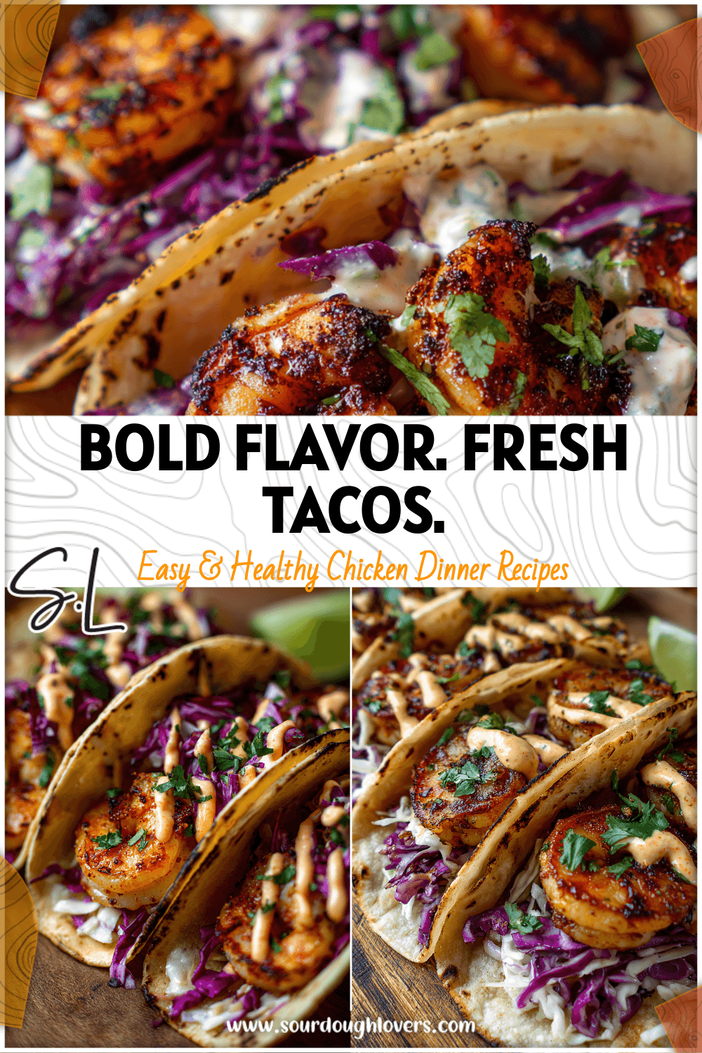 Grilled shrimp tacos topped with cilantro lime slaw and creamy sriracha mayo on corn tortillas.