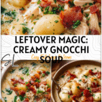 Creamy bowl of chicken bacon gnocchi soup made with leftover rotisserie chicken and fresh herbs.