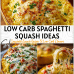 Golden spaghetti squash casserole topped with melted cheese served as a low carb dinner side dish.