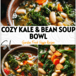 A bowl of Kale & White Bean Soup with Chopped Kale and vegetables in a rustic crockpot.
