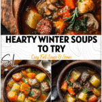 A steaming bowl of hearty winter soup and sourdough bread served on a rustic wooden table.