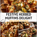 Herbed Sourdough Stuffing Muffins with Apple & Brussel Sprouts 5 Herbed sourdough stuffing muffins with apple chunks and brussel sprouts on a rustic table.