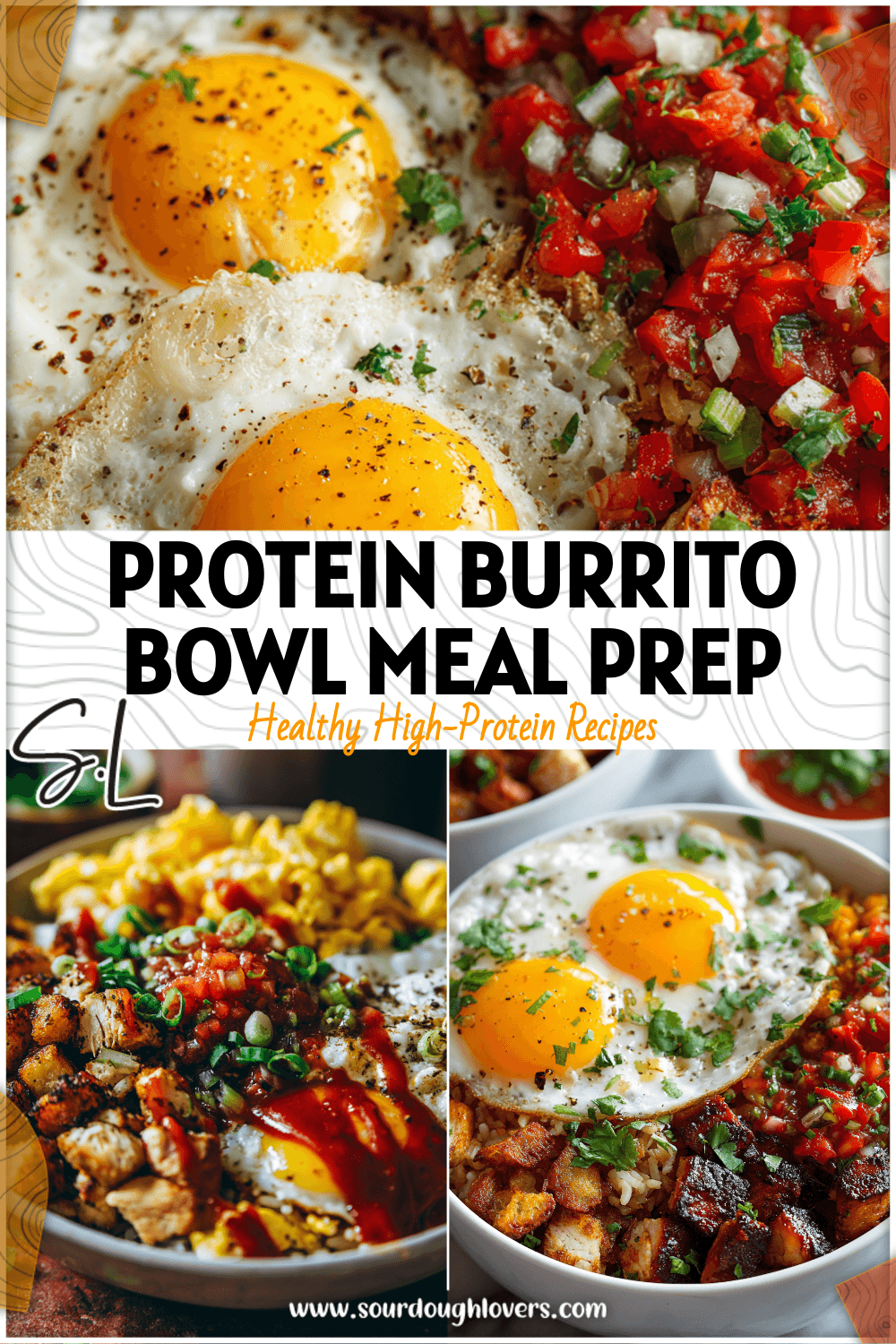Colorful burrito bowl with eggs, chicken, hashbrowns, and salsa for an easy low carb Mexican Breakfast Meal Prep.