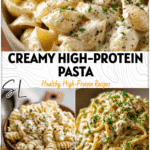 Bowl of creamy cottage cheese pasta topped with herbs, showing a high-protein cheese sauce for pasta.