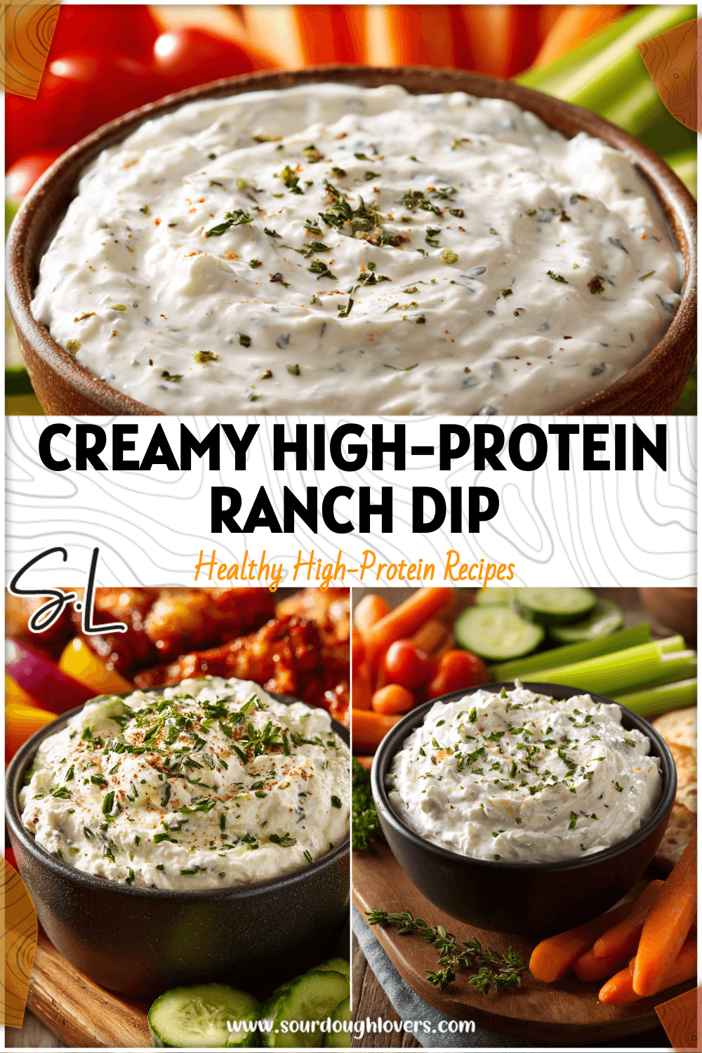 Bowl of creamy cottage cheese ranch dip topped with herbs, surrounded by fresh veggies for Easy Lunch Snack Ideas.