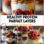 Layered Greek Yogurt Parfait with granola, fruit, and honey in clear cups for a healthy brunch.