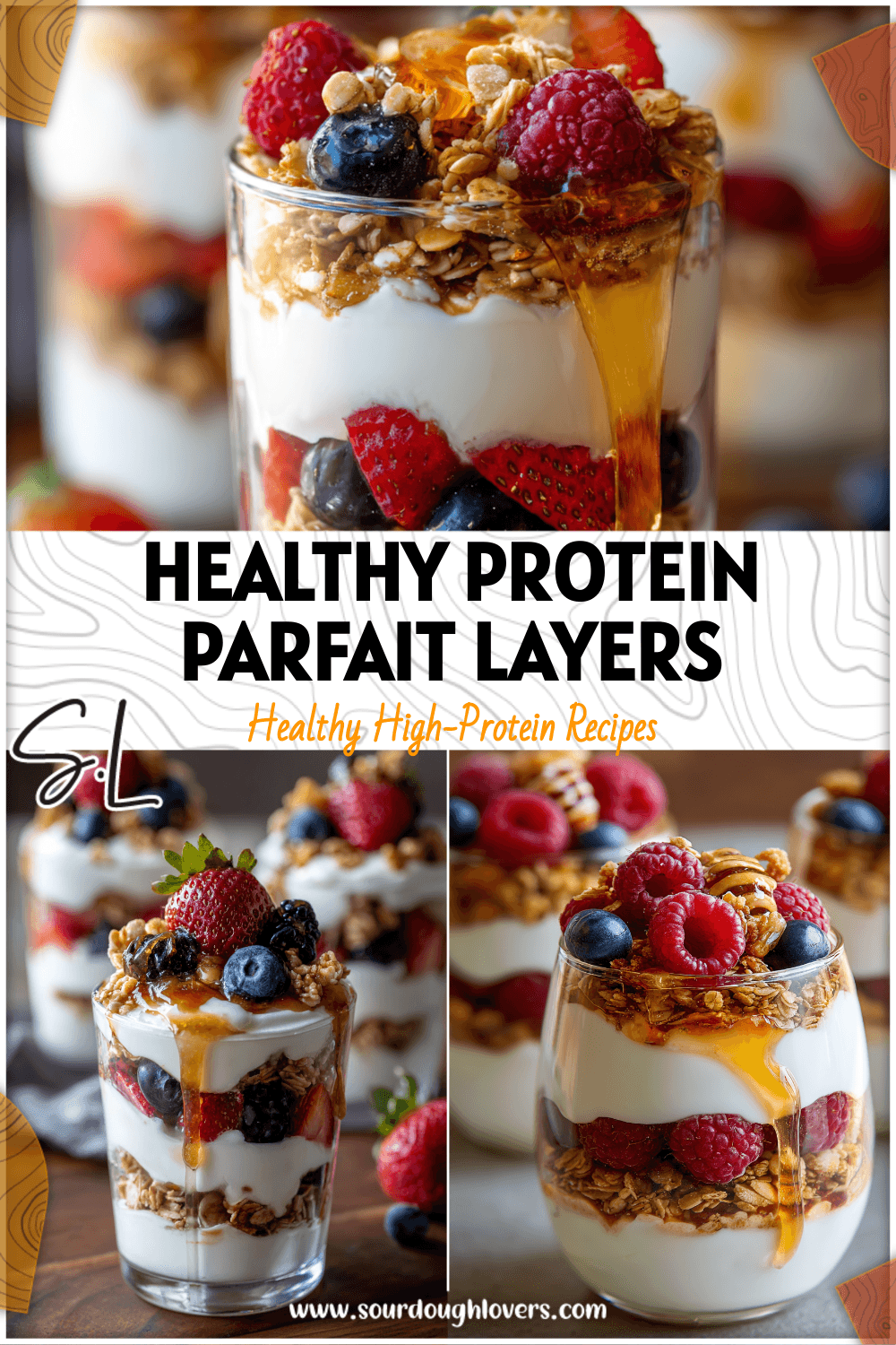 Layered Greek Yogurt Parfait with granola, fruit, and honey in clear cups for a healthy brunch.
