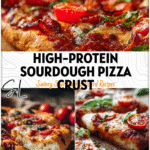 Golden baked sourdough pizza crust topped with fresh ingredients in a rustic kitchen.