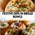 Holiday Party Appetizers: 3 Dips in Sourdough Bread Bowls 5 Three sourdough bread bowls filled with colorful dips and garnished herbs for a festive display