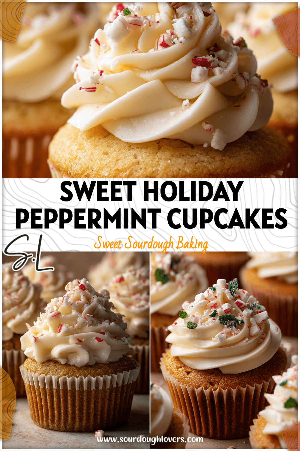 Holiday Peppermint Sourdough Cupcakes topped with creamy White Chocolate Buttercream frosting.
