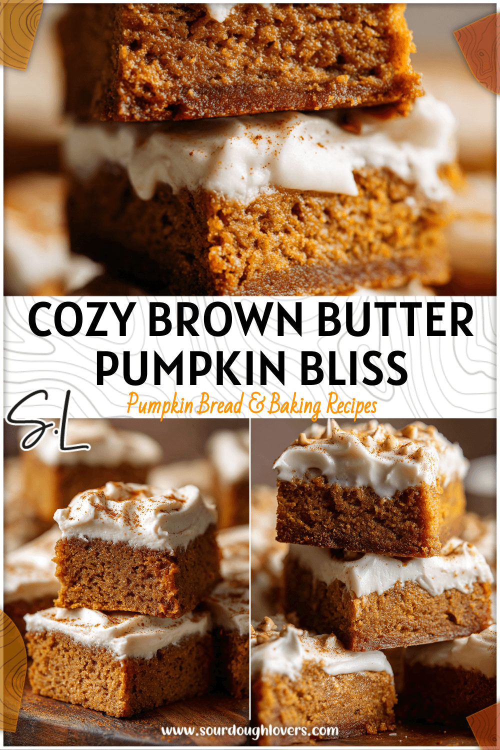 Stack of Brown Butter Pumpkin Blondies topped with cream frosting and sprinkled with pumpkin seasoning.