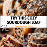 Rustic cinnamon raisin sourdough loaf with cranberry orange slices and golden crust