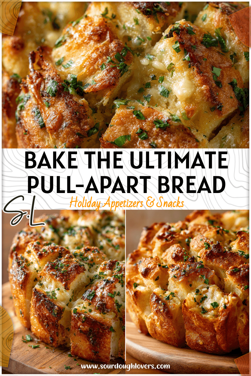 Freshly baked pull apart garlic cheese bread made with sourdough starter and sprinkled herbs.