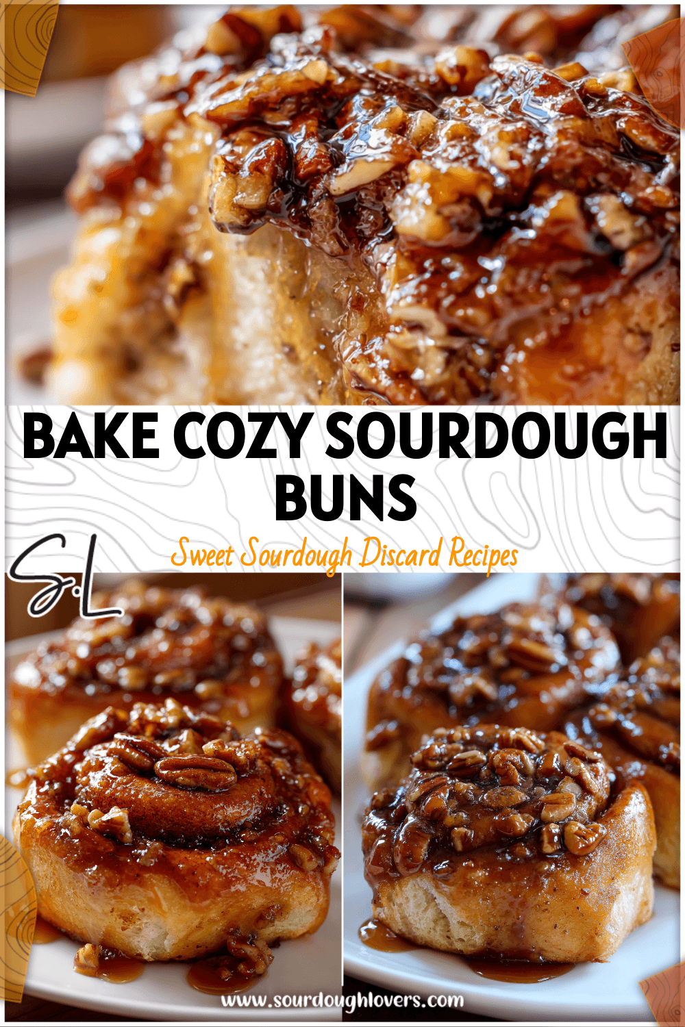 Close-up of sourdough pecan sticky buns with glossy caramel drizzle on a white plate.