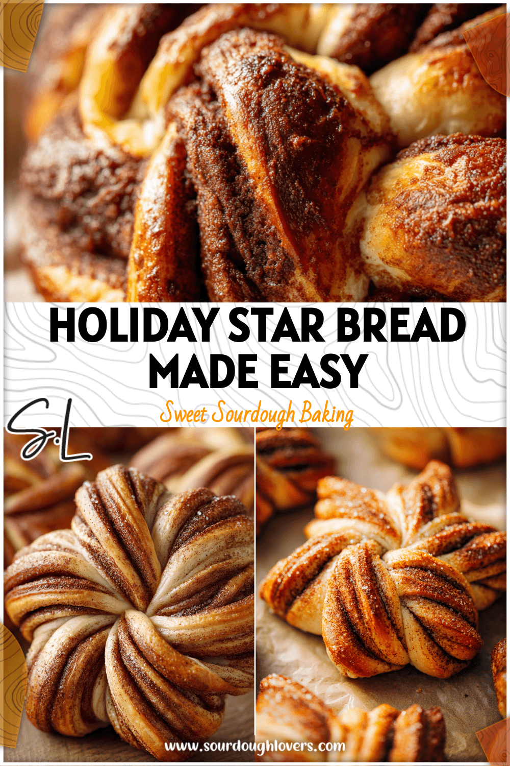 Freshly baked cinnamon star bread with chocolate layers and golden sourdough texture
