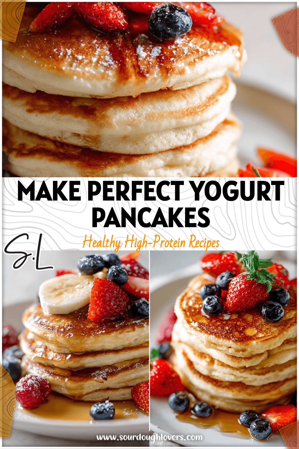 Healthy Greek yogurt pancakes stacked with fresh fruit and maple syrup drizzle on white plate