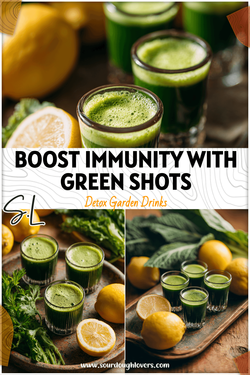A tray of Immune Boosting Green Juice Shots in small glass cups with fresh greens and lemons nearby.