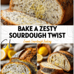 Golden Lemon Poppy Seed Sourdough loaf sliced open showing airy crumb and poppy seed flecks on a wooden board.