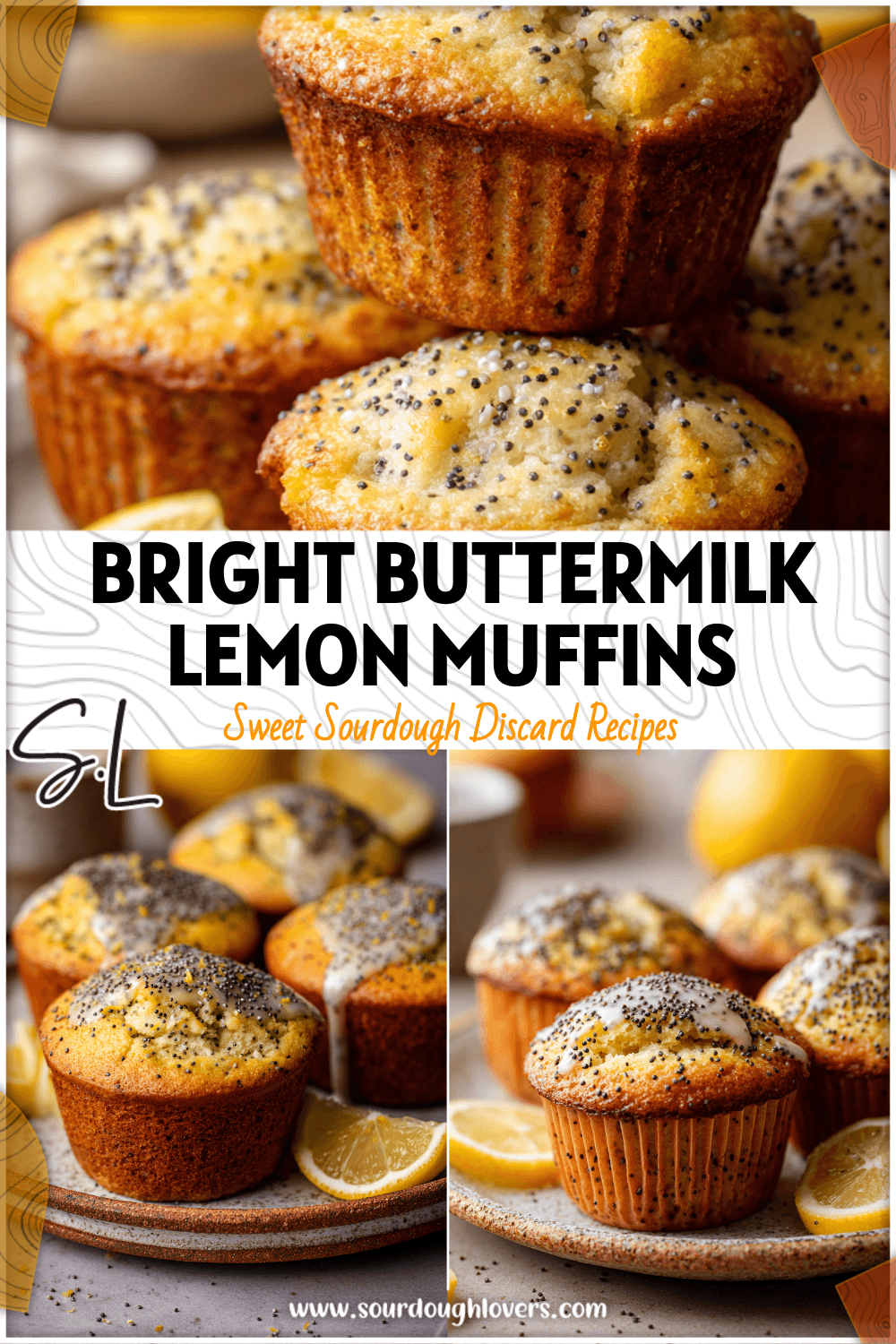 Golden Lemon Poppy Seed Sourdough Muffins topped with lemon glaze and poppy seeds on a rustic plate.