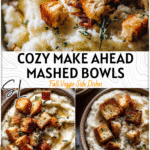 Make Ahead Roasted Garlic Sourdough Mashed Potato Bowls 5 Bowl of creamy Make Ahead Roasted Garlic Mashed Potatoes topped with herbs and sourdough croutons.