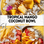 Mango Coconut Smoothie Bowl with Tropical Toppings 5 Bright Mango Coconut Smoothie Bowl topped with chia seeds, sliced fruit, and toasted coconut chips.
