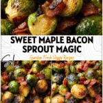 Maple Bacon Roasted Brussels Sprouts: Sweet & Savory Perfection 5 Golden Maple Bacon Roasted Brussel Sprouts with caramelized edges and crispy bacon pieces on a skillet.