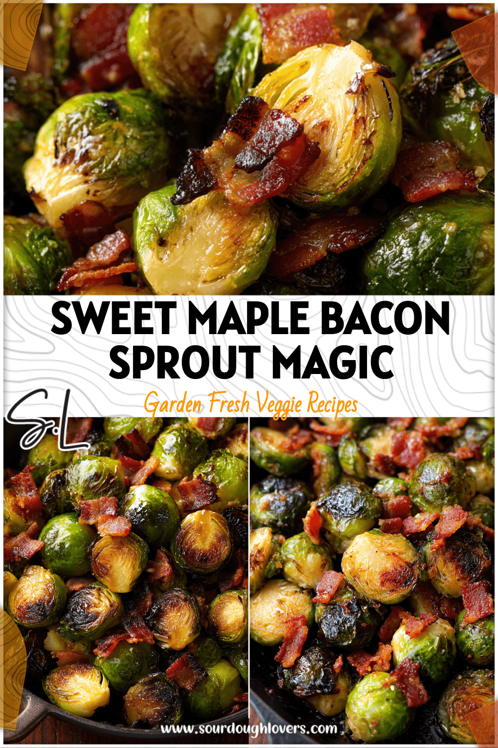 Golden Maple Bacon Roasted Brussel Sprouts with caramelized edges and crispy bacon pieces on a skillet.