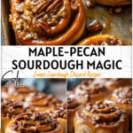 Golden maple-pecan sourdough sticky buns topped with caramel glaze on a rustic baking tray.