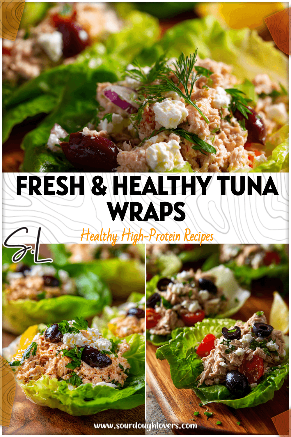 Crisp lettuce wraps filled with Mediterranean Three Ingredient Tuna Salad topped with feta and herbs.