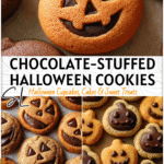 Golden brown sugar Jack O Lantern Cookies with chocolate filling shaped as smiling pumpkins for Halloween baking.