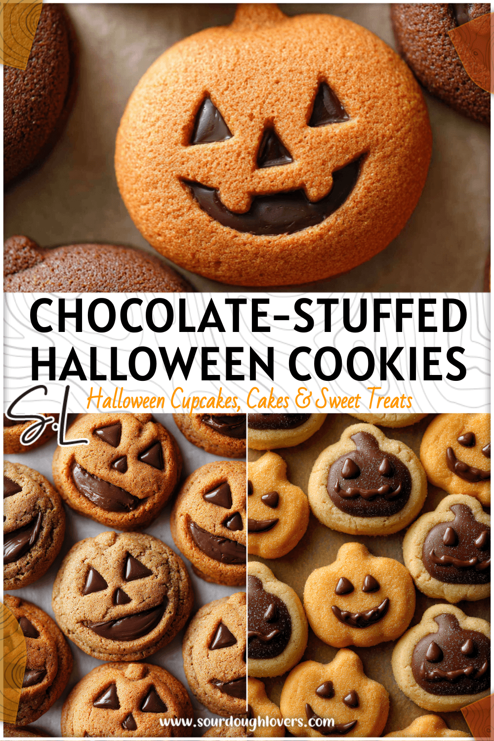 Golden brown sugar Jack O Lantern Cookies with chocolate filling shaped as smiling pumpkins for Halloween baking.