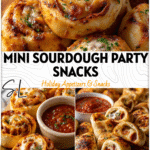 Mini Sourdough Pizza Rolls & Bites for Kids and Parties 5 Mini sourdough pizza rolls and bites arranged on a wooden board with dipping sauce.