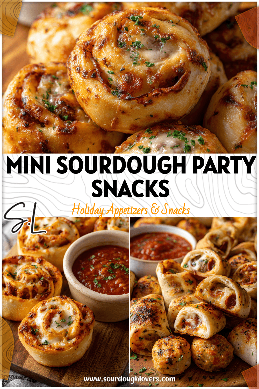 Mini sourdough pizza rolls and bites arranged on a wooden board with dipping sauce.