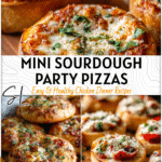 Mini Sourdough Pizzas for Festive Parties & Game Days 5 Mini sourdough pizza buns topped with cheese and herbs on a wooden platter for holiday and game day gatherings