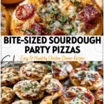 Mini Sourdough Pizzas for Holiday Parties & Game Day 5 Mini sourdough pizzas topped with melted cheese and herbs arranged on a festive platter for a holiday party.