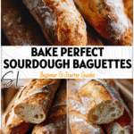 Golden no-knead sourdough baguettes on a wooden board made with sourdough starter.