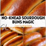 No-Knead Sourdough Hot Dog Buns | Easy Homemade Recipe 5 Soft golden Sourdough Hotdog Buns arranged on a cooling rack for a Quick Hot Dog Bun Recipe.