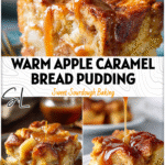 Old Fashioned Bread Pudding With Apples & Caramel Drizzle 5 Homemade bread pudding with apples, golden crust, and caramel drizzle served warm on a plate.