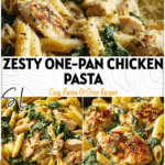 One-pan chicken and spinach pasta with creamy lemon parmesan sauce served warm in a skillet.