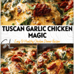 Golden skillet of Creamy Tuscan Garlic Chicken with sun-dried tomatoes and spinach in rich sauce.